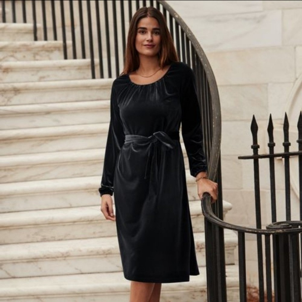 Lands' End Velvet Peasant‎ Midi Dress Medium Black Style 542899